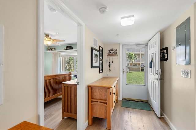 entryway with hardwood / wood-style flooring, electric panel, and ceiling fan