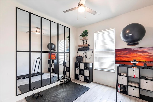 2709 Magdalina Dr Unit 101 102B, Punta Gorda, FL 33950 - workout area with wood finished floors, ceiling fan, and baseboards