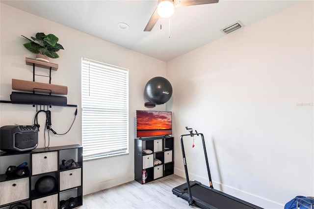 2709 Magdalina Dr Unit 101 102B, Punta Gorda, FL 33950 - exercise area with visible vents, ceiling fan, light wood-style floors, and a healthy amount of sunlight