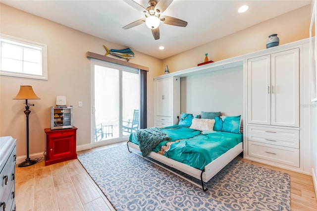 bedroom with a ceiling fan, light wood-style flooring, recessed lighting, and access to exterior