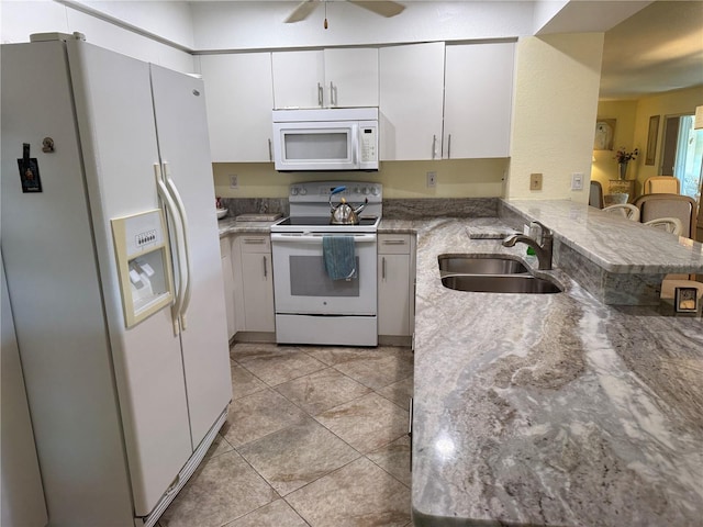 kitchen featuring white cabinetry, white appliances, kitchen peninsula, and sink