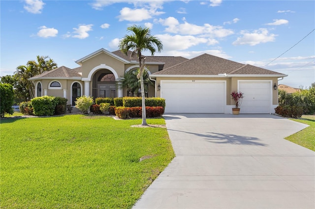 view of front of property with an attached garage, a shingled roof, driveway, stucco siding, and a front lawn