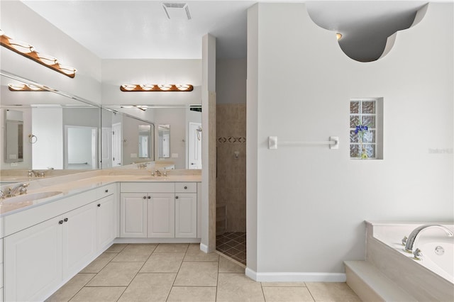 full bath with visible vents, vanity, a walk in shower, tile patterned flooring, and a bath