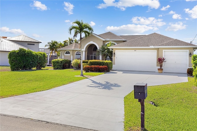 view of front of property with a garage, concrete driveway, roof with shingles, stucco siding, and a front lawn