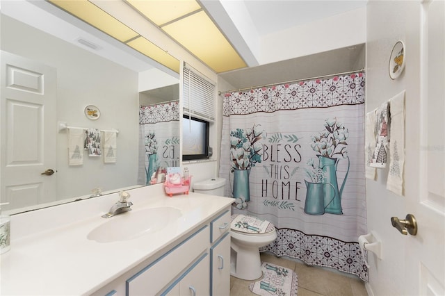 349 Grenada St, Port Charlotte, FL 33948 - bathroom featuring walk in shower, vanity, toilet, and tile patterned flooring