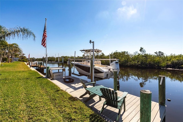 dock area featuring a water view and a lawn