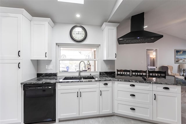 kitchen with white cabinetry, dishwasher, island range hood, and dark stone counters