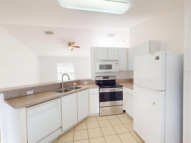 kitchen featuring light tile patterned flooring, sink, white cabinets, ceiling fan, and white appliances