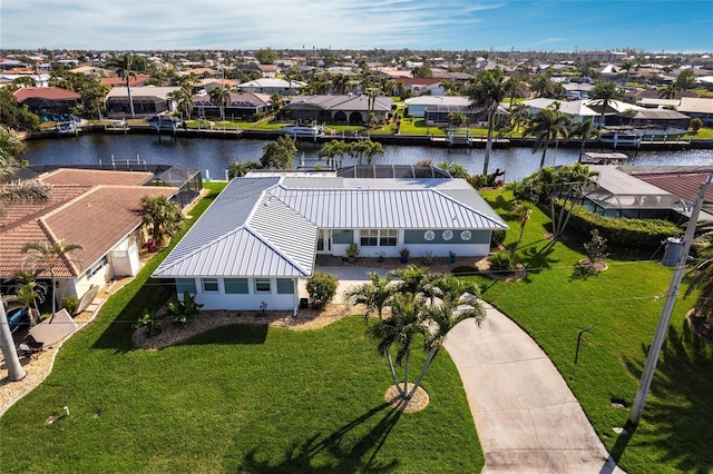 aerial view featuring a water view