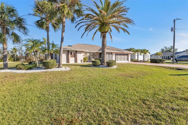 single story home featuring a garage and a front yard