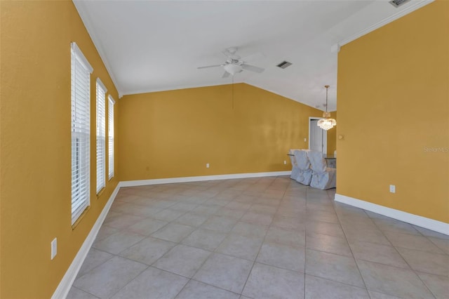 295 Porto Alegre St, Punta Gorda, FL 33983 - unfurnished living room with vaulted ceiling, ceiling fan with notable chandelier, and light tile patterned floors