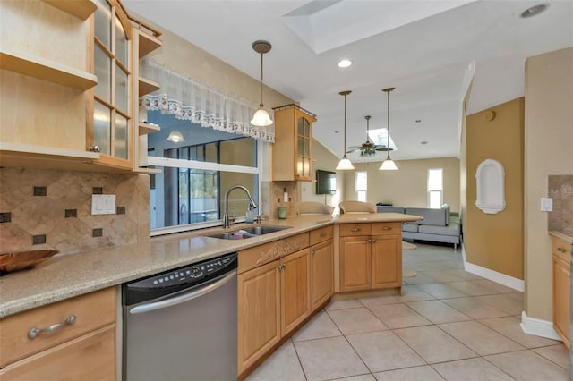 295 Porto Alegre St, Punta Gorda, FL 33983 - kitchen featuring sink, dishwasher, light tile patterned flooring, decorative light fixtures, and kitchen peninsula