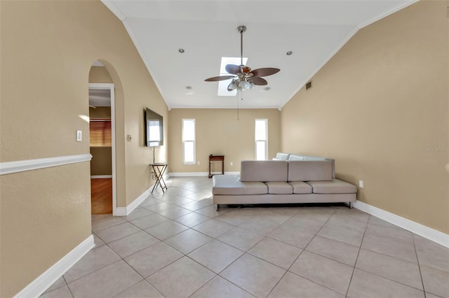 295 Porto Alegre St, Punta Gorda, FL 33983 - unfurnished living room featuring ornamental molding, high vaulted ceiling, light tile patterned floors, and ceiling fan
