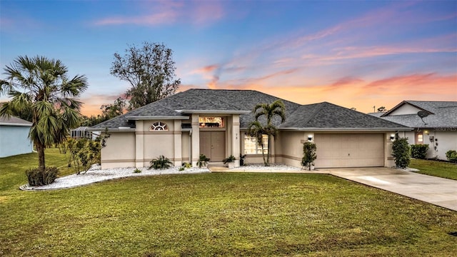 view of front of home with a garage and a lawn