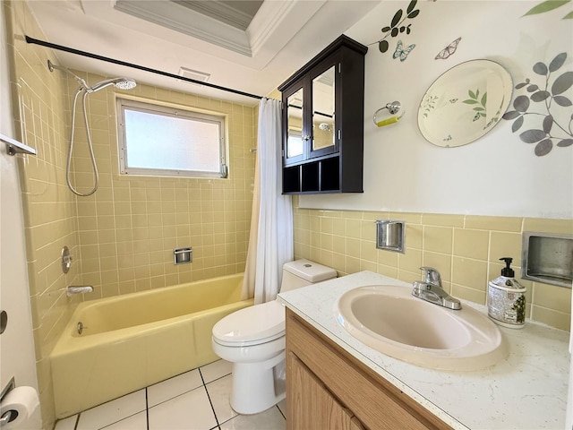 full bathroom with crown molding, shower / bath combo, tile walls, tile patterned floors, and toilet