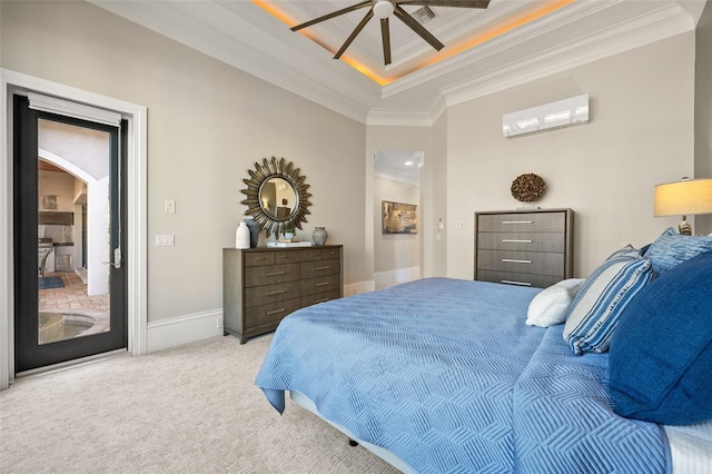 bedroom featuring crown molding, light carpet, a tray ceiling, ceiling fan, and access to exterior