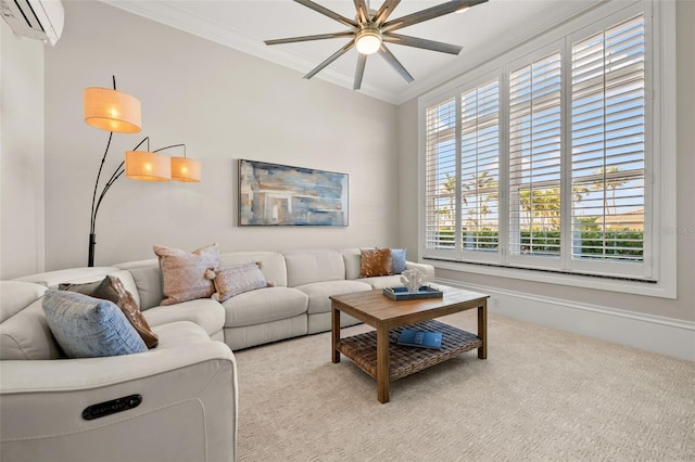 carpeted living room featuring crown molding, ceiling fan, and a wall unit AC