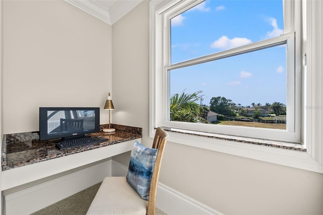 room details with built in desk and ornamental molding