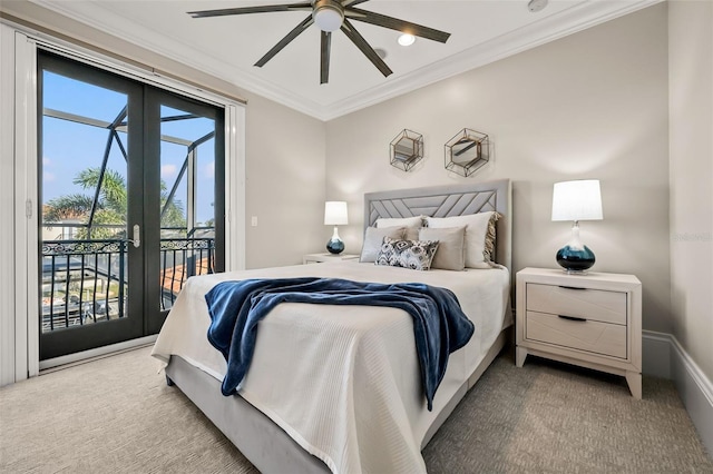 carpeted bedroom with crown molding, ceiling fan, and access to exterior