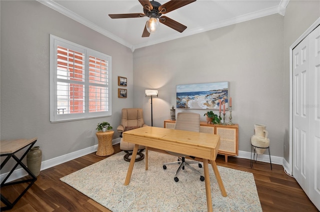 office area with dark hardwood / wood-style flooring, ornamental molding, and ceiling fan