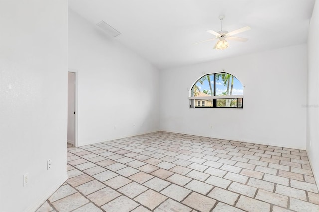 spare room with high vaulted ceiling and ceiling fan