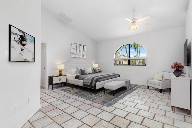 bedroom featuring ceiling fan and high vaulted ceiling