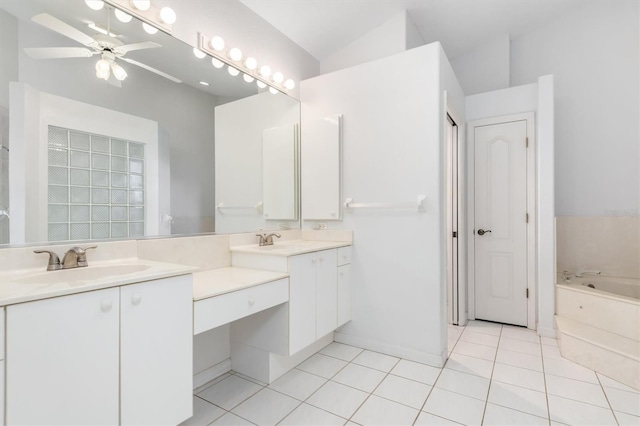 bathroom featuring vanity, a bath, tile patterned floors, and ceiling fan