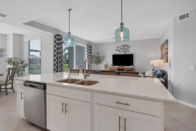 kitchen featuring a sink, visible vents, light countertops, white cabinets, and stainless steel dishwasher