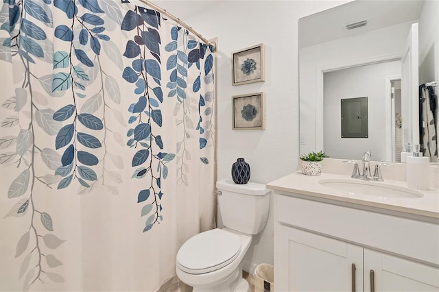 full bath with vanity, toilet, electric panel, and visible vents