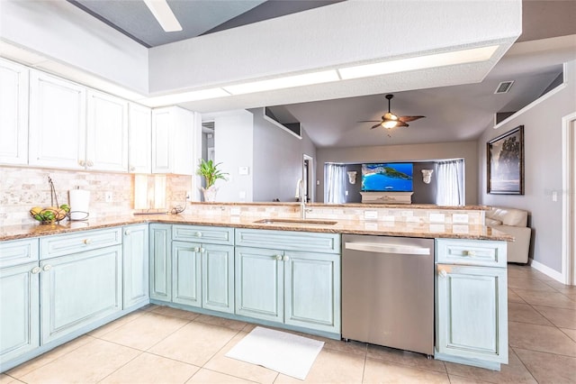 kitchen with sink, backsplash, stainless steel dishwasher, ceiling fan, and kitchen peninsula