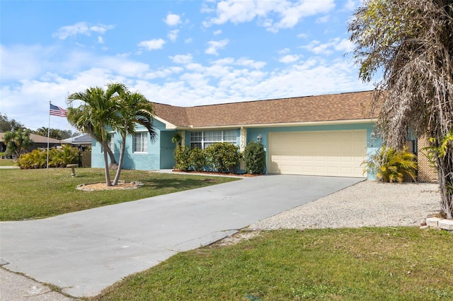 ranch-style home with a garage, concrete driveway, a front yard, and stucco siding