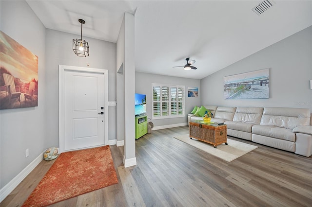 entrance foyer with hardwood / wood-style floors and ceiling fan