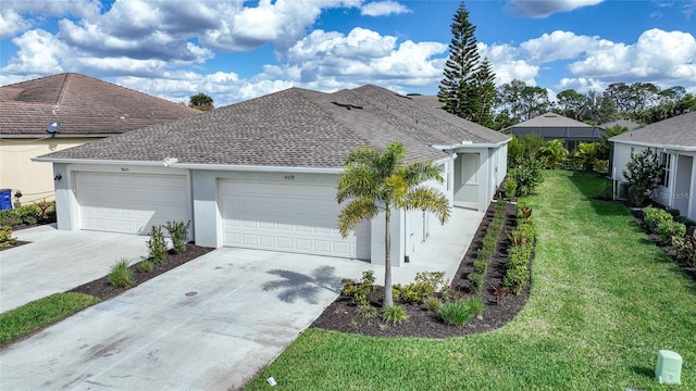 view of property exterior with a yard and a garage