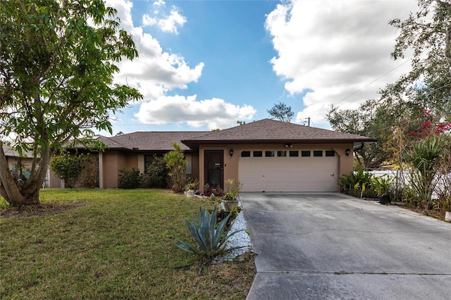 ranch-style house with driveway, a garage, a front lawn, and stucco siding