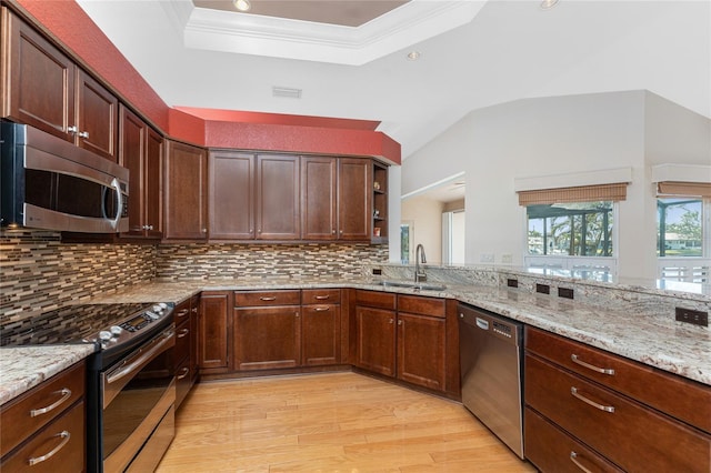 kitchen featuring sink, a tray ceiling, stainless steel appliances, light stone countertops, and light wood-type flooring