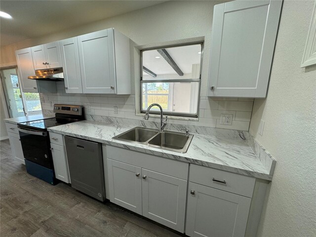 kitchen with sink, dishwasher, range with electric cooktop, white cabinets, and decorative backsplash