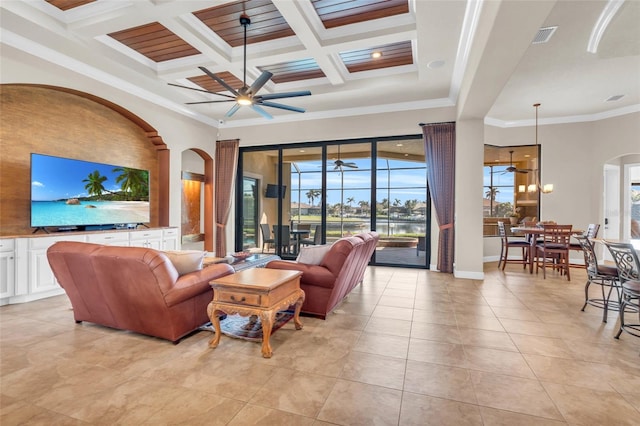 3321 Tripoli Blvd, Punta Gorda, FL 33950 - living room with a towering ceiling, a wealth of natural light, ornamental molding, and ceiling fan