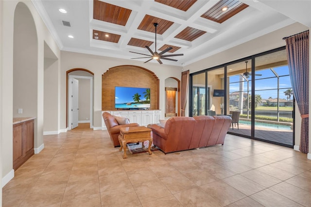 3321 Tripoli Blvd, Punta Gorda, FL 33950 - living room with crown molding, a towering ceiling, coffered ceiling, and ceiling fan