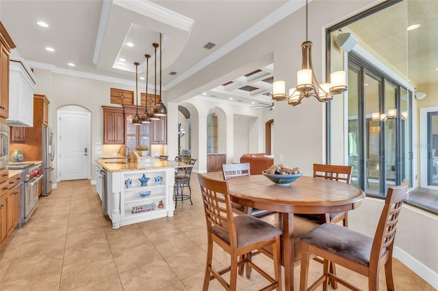 3321 Tripoli Blvd, Punta Gorda, FL 33950 - dining area with light tile patterned flooring, coffered ceiling, sink, crown molding, and a chandelier