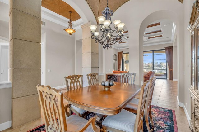 3321 Tripoli Blvd, Punta Gorda, FL 33950 - tiled dining area with beamed ceiling, ornamental molding, coffered ceiling, and an inviting chandelier