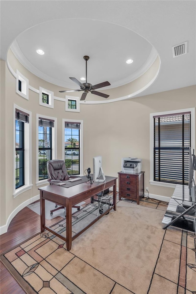 3321 Tripoli Blvd, Punta Gorda, FL 33950 - office area with crown molding, ceiling fan, a tray ceiling, and light hardwood / wood-style flooring