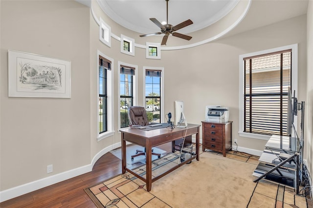 3321 Tripoli Blvd, Punta Gorda, FL 33950 - office area featuring a raised ceiling, ornamental molding, ceiling fan, and light hardwood / wood-style flooring