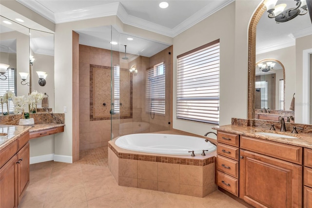 3321 Tripoli Blvd, Punta Gorda, FL 33950 - bathroom featuring tile patterned flooring, vanity, a notable chandelier, ornamental molding, and independent shower and bath