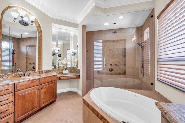 3321 Tripoli Blvd, Punta Gorda, FL 33950 - bathroom with tile patterned flooring, crown molding, shower with separate bathtub, and vanity