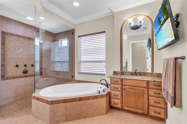 3321 Tripoli Blvd, Punta Gorda, FL 33950 - bathroom with crown molding, tile patterned floors, vanity, and plus walk in shower