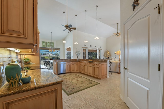 kitchen with decorative light fixtures, dark stone countertops, stainless steel dishwasher, ceiling fan, and kitchen peninsula