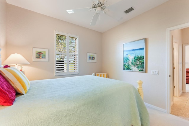 bedroom with light carpet and ceiling fan