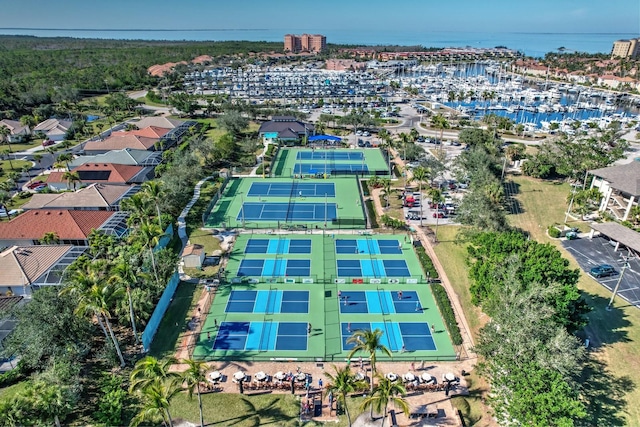 drone / aerial view with a water view