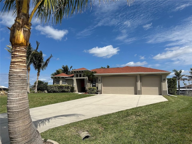 view of front of house with a garage, a front yard, concrete driveway, and stucco siding