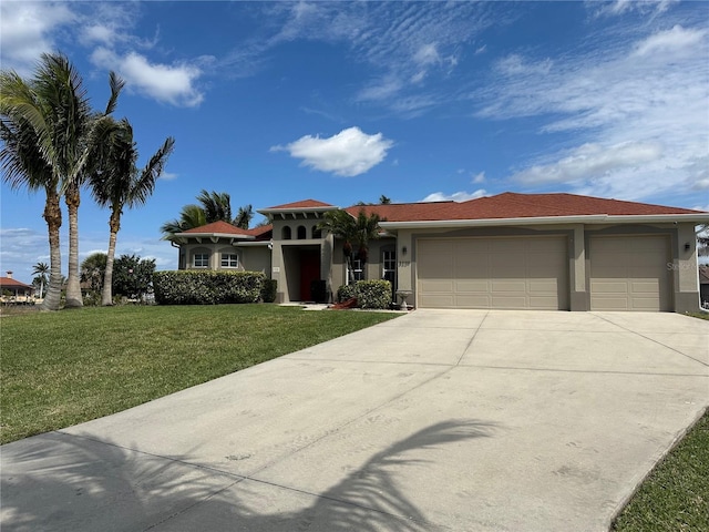 view of front of home with a garage, driveway, a front lawn, and stucco siding